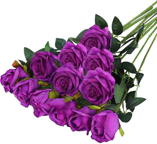 Hawesome 12PCS Artificial Silk Flowers Realistic Roses Bouquet Long Stem for Home Wedding Decoration Party (Purple 1)