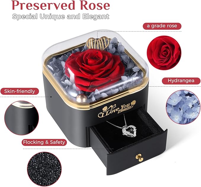 Mikasol Preserved Rose & Heart-Shaped Necklace with Jewelry Box - Preserved Rose, Ideal Romantic Gift for Women, Anniversary, Valentines, Black, 4.9"x4.5"x4.1"