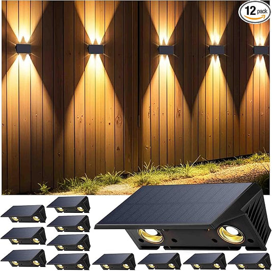 Fence Lights Solar Powered, 12-Pack Solar Fence Lights Up/Down Flexible Buttons, IP67 Waterproof for Outdoor, 120LM Bright, Auto Dusk to Dawn for Wall/Stairs/Yard/Railing/Deck/Pathway (Warm White)
