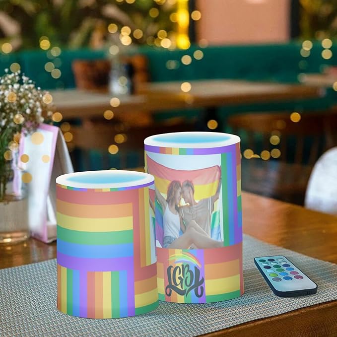 Vdsrup Flameless Candles Set of 2 LGBT Custom LED Candles with Timer Battery Operated Personalized Candle Lights Flickering with Remote for Home Bedroom Decor