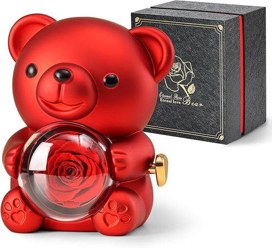 Cute Teddy Bear with Preserved Rose - A Real Rose Flower in Bear with Elegant Gift Box - Romantic Gift for Her in Mother's Day, Weddings, Anniversaries, and Bridal Showers (Red)