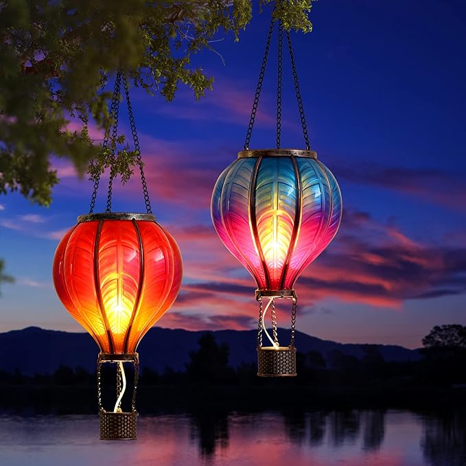 TERESA'S COLLECTIONS 2 Pack Hanging Solar Lantern Outdoor Garden Decor ,Waterproof Plastic Hot Air Balloon Red Flickering Flame Effect Lantern for Yard Tree,Gift for Mom Lovers,18"