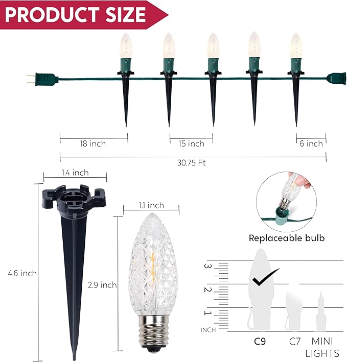 Joiedomi 30.75FT C9 Christmas Pathway Marker Lights, 24 LED Strawberry Stake Warm White Outdoor Faceted Walkway Decor with Connectable for Holiday Xmas Yard Garden Lawn