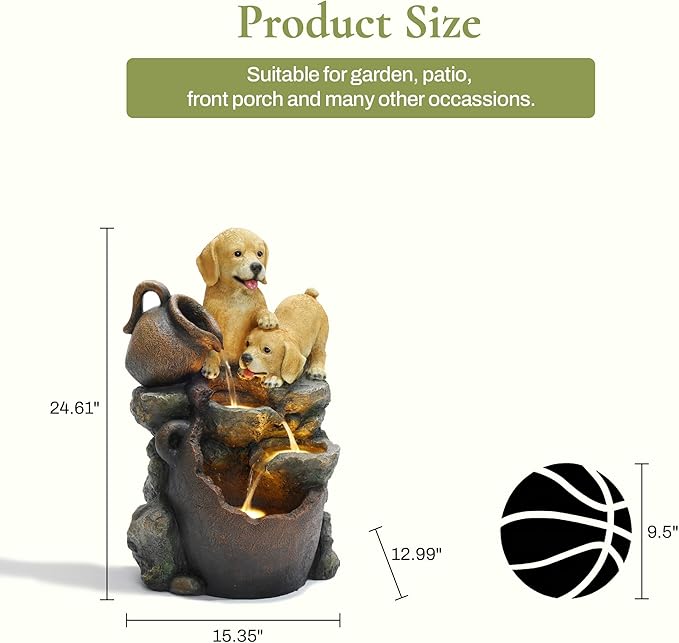 LuxenHome Outdoor Water Fountain, 25 Inch Puppy and Pitchers Pot Resin Water Fountains Indoor with LED Lights, Farmhouse Waterfall Outdoor, Indoor Fountains and Waterfalls for Patio, Garden Decor