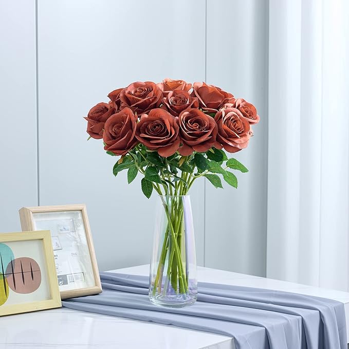 12pcs Rust Orange Rose Artificial Flowers Faux Roses Silk Roses Orange Silk Flowers with Long Stems for Wedding Baby Shower Home Decor Party Centerpieces Table Decorations