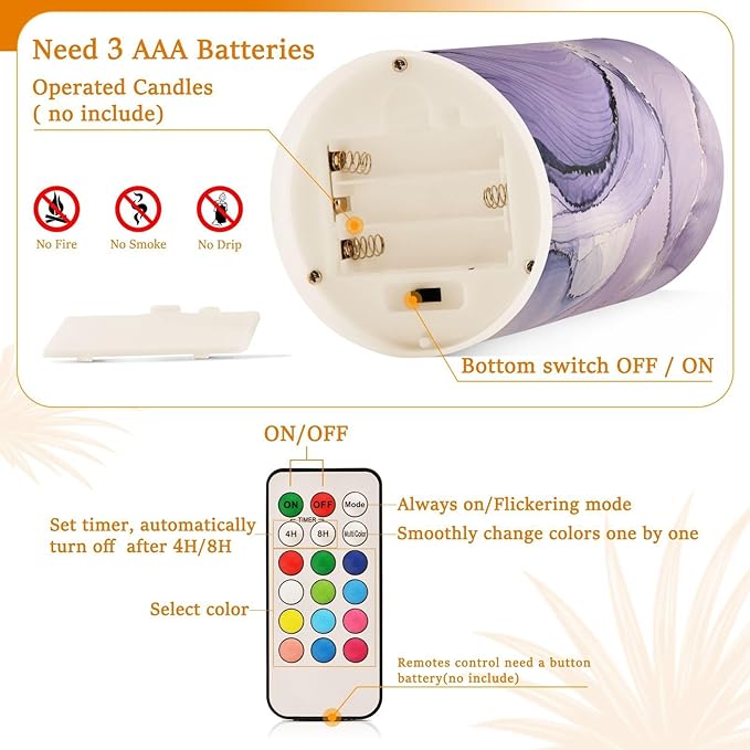 Flickering Flameless Candles, Purple Marble Lavender Liquid LED Candles with Remote Timer, Set of 2 Battery Operated Candle for Valentine Wedding Birthday