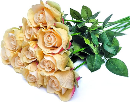 26inch Real Touch Artificial Roses - Long Stem Fake Silk Flowers with Leaves for Wedding, Home Decor, Centerpieces, Office Party, Looks Real (10,Champ)