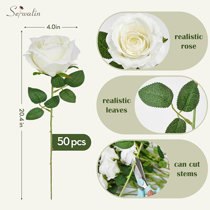 Serwalin 50pcs Artificial White Roses, 4'' Velvet Flower Head Fake Roses Bulk, Real Touch Silk Roses Realistic Bouquet Long Stems Wedding Home Decor and Table Centerpiece