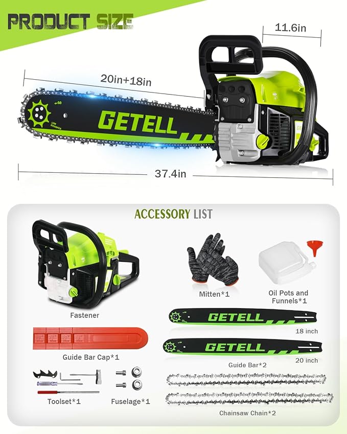 Professional 58cc Gas Powered Chainsaw with Quick-Switch Dual Bar 18/20 Inch System – Heavy Duty Chain Saw with Easy-Start for Tree Cutting, Limbing & Farm Use (GEL9901)