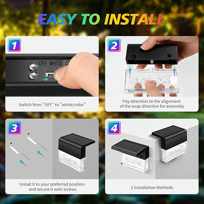 6 Pack Solar Fence Lights, 2 Lighting Modes Step Lights Outdoor, Acrylic Bubbles LED Super Bright Waterproof Solar Deck Light for Outside Stair Fence Step Pool Backyard Decor (Warm White/7 Color)