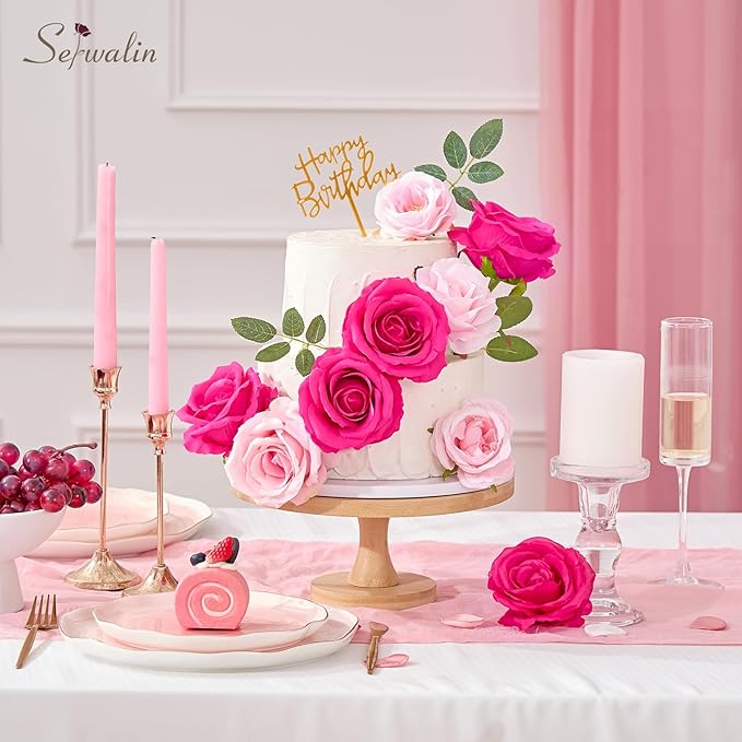 Serwalin 50pcs Artificial Roses Bulk, 4'' Big Velvet Flower Head, Hot Pink Rose Velvet Real Touch, Silk Fake Roses Long Stems Realistic Bouquet for Wedding Table Centerpiece and Home Decor