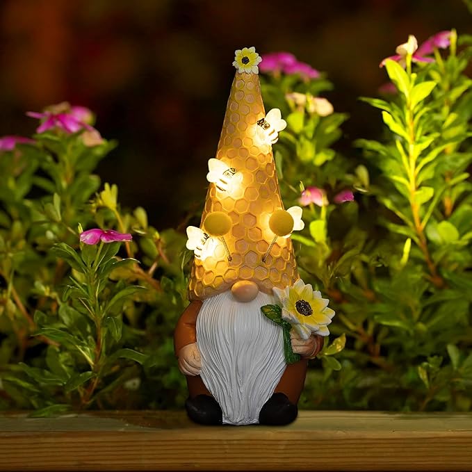 pearlstar Garden Gnome Statues Bee Solar Light 10.2" Tall Large Resin Figurine Outdoor Funny Home Yard Patio Decoration Fall Thanksgiving