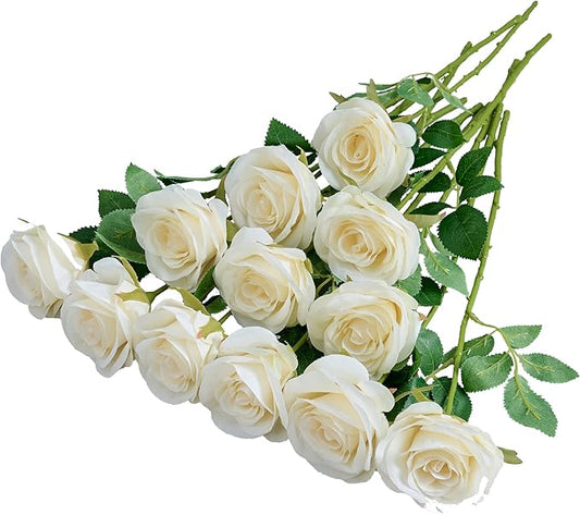 12pcs Ivory Roses Artificial Flowers Silk Flowers Fake Roses with Long Stems for Wedding Decor Home Decor Baby Shower Party Centerpieces Decorations