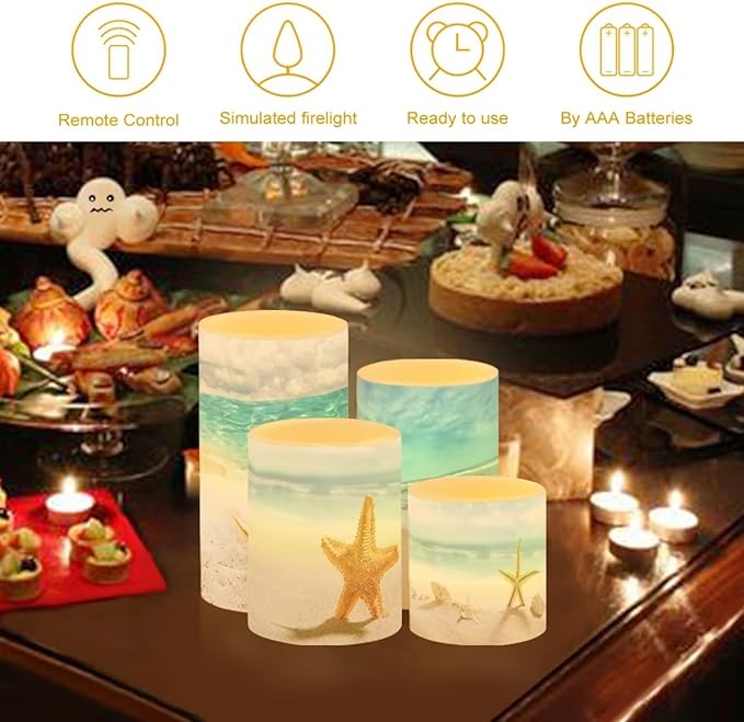 LED Flickering Candles Battery Operated Candles Set of 4 with Remote Control Timer Dancing Flame Pillar Candles Home Table Coastal Decoration, Beach Coastal
