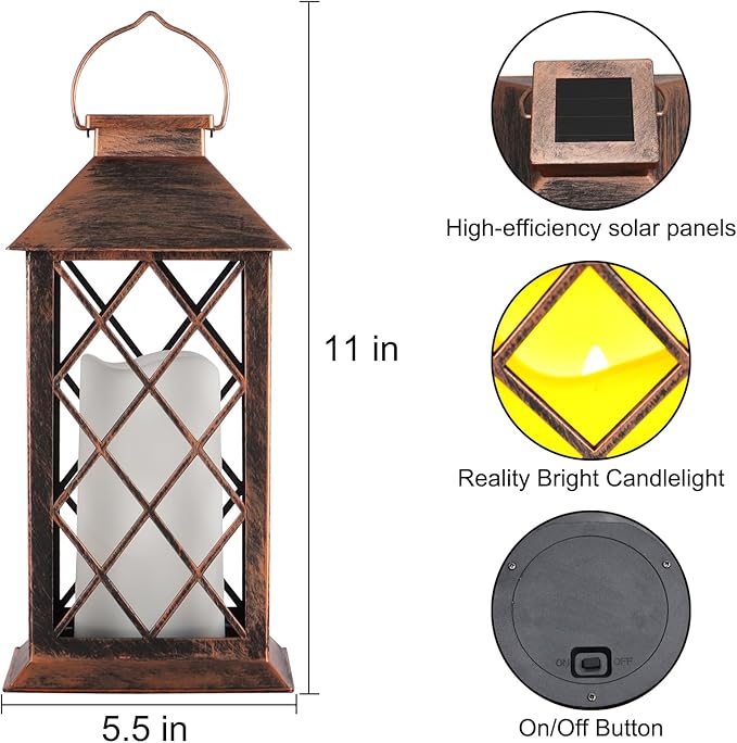 2 Pack Solar Lantern Outdoor Waterproof Garden Decor Hanging Lanterns Birthday Gifts for Women Mom 11" LED Flickering Flameless Candle Christmas Table Lights for Yard, Patio, Porch, Backyard