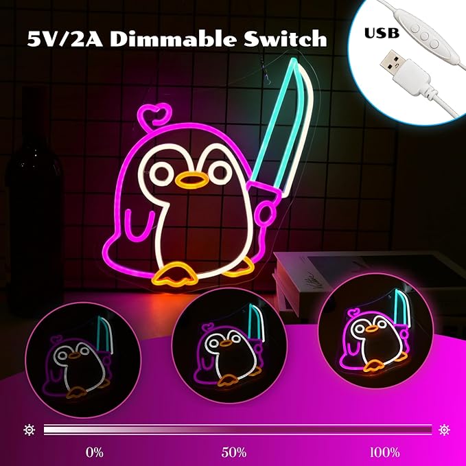 Penguin Neon Sign Dimmable Penguin Knife Neon Signs for Wall Decor LED USB Powered Cute Anime Neon Light Sign For Boys Bedroom Room Garden Party Restaurant Home Decoration Birthday Gifts