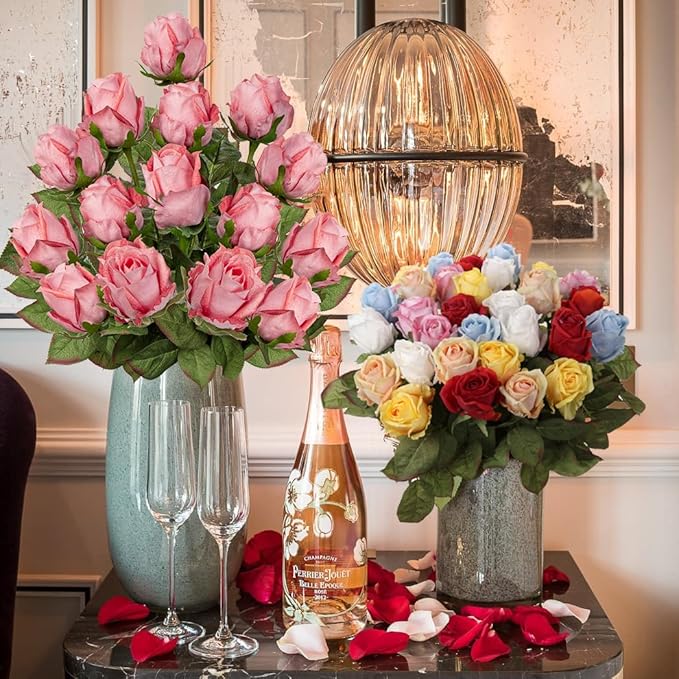 Artificial Realistic Roses Pale Red Flowers 24" Real Touch Silk Roses Bouquet Long Stems Rose for Flower Arrangement Fake Roses Decor for Home Party Wedding Table Centerpieces Roses Realistic - 5 Pcs