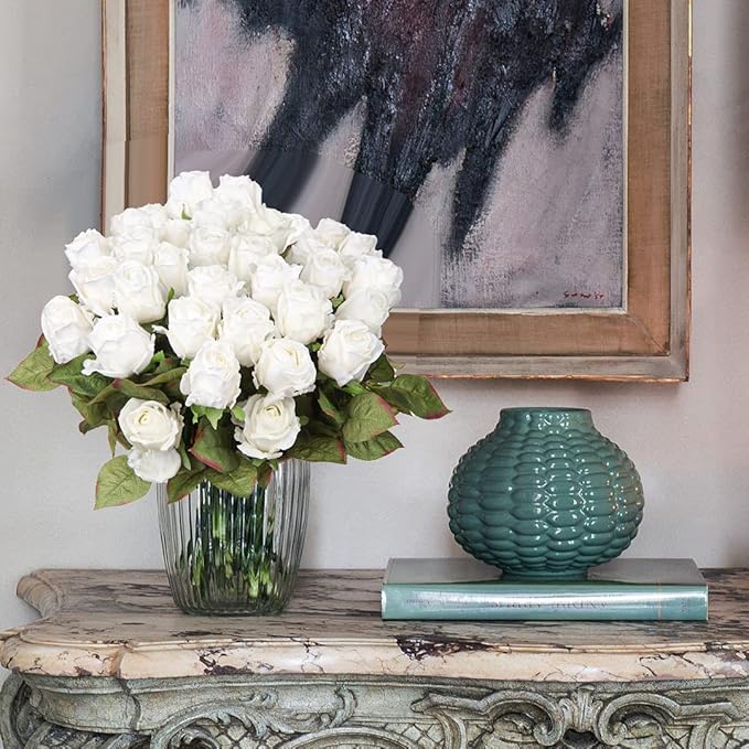 Artificial Realistic Roses White Flowers 24" Real Touch Silk Roses Bouquet Long Stems Rose Fake Roses Decor for Home Party Wedding Table Centerpieces Roses Realistic - 5 Pcs