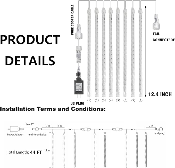 TW SHINE Christmas Meteor Shower Lights Outdoor, 864 LED 12" 24 Tubes Waterproof Christmas Lights Outdoor Plug in, Snow Falling Rain Icicle Xmas Lights Decorations, Blue