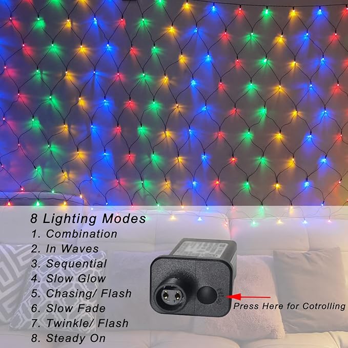 Colorful Christmas Net Lights Outdoor Mesh Lights, 14.8ft x 5ft 300 LED Multicolor Net String Lights 8 Modes Connectable Fairy Mesh Twinkling Christmas Lights for Bushes Tree Party Yard Garden Decor