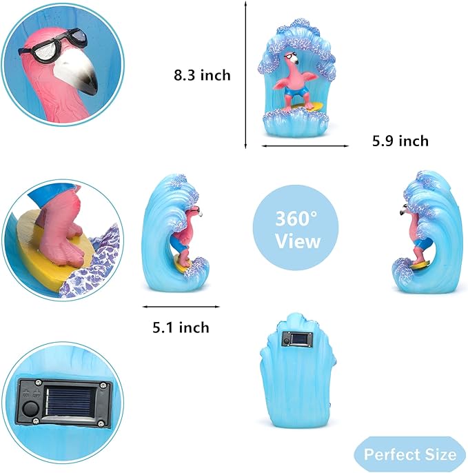 Pink Flamingos for Yard-Garden Statues Solar Outdoor Decor - Surfing Hawaii Beach Yard Art Light up Sea Wave Decor for Patio Lawn Yard