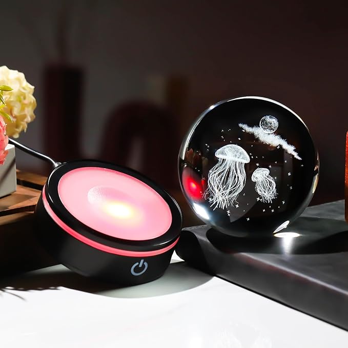 YWHL 3D Crystal Ball Moon Jellyfish Figurine with Colorful LED Base Laser Jellyfish Gifts for Women Men on Christmas Birthday Glass Jellyfish Statue Decorative Ball Night Light for Home Decor (80mm)