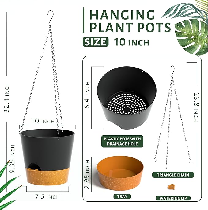 Hanging Planters for Indoor Outdoor Plants, 2 Pack Self Watering Hanging Pot with Drainage Holes and Plant Hangers, Hanging Baskets Flower Pots for Home Garden Decor (Black, 10 inch)