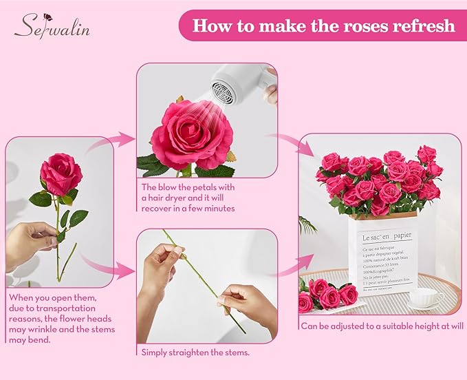 Serwalin 30pcs Artificial Silk Roses Flowers, Hot Pink Artificial Roses with Long Stems Bulk Realistic Fake Roses Flowers for DIY Wedding Bouquet Centerpieces Party Home Table Decor