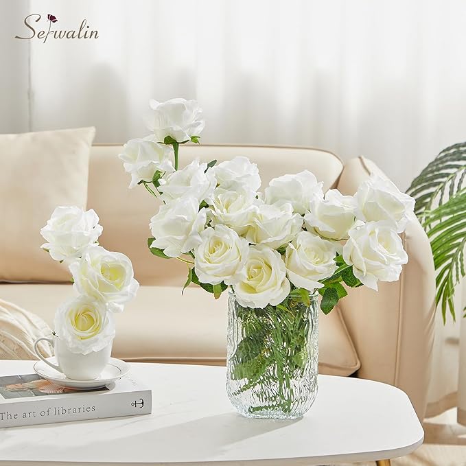 Serwalin 20PCS Artificial White Roses, 4'' Big Flower Head, Ivory Silk Roses, Velvet Fake Roses Bouquet Long Stem Roses for Home Decor Wedding and Table Centerpiece