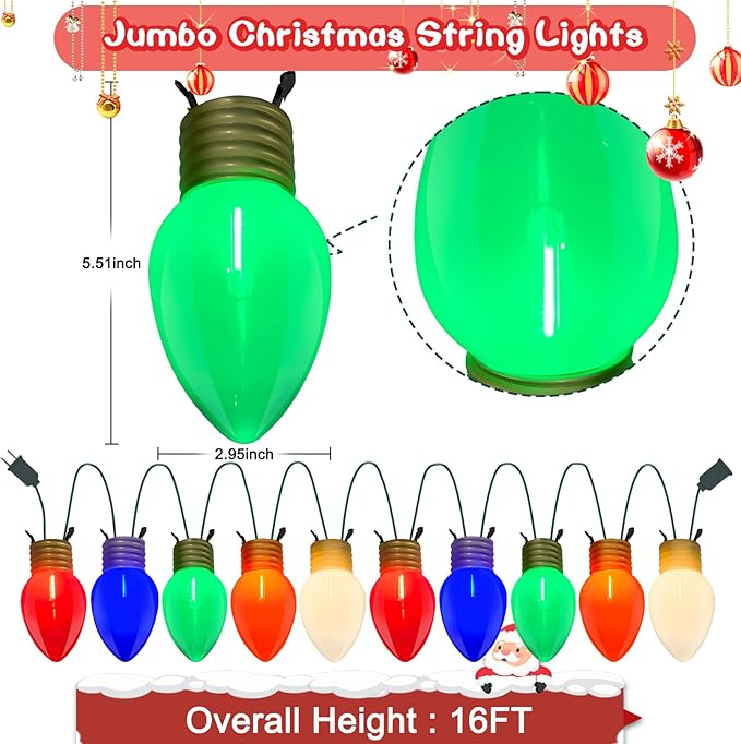 Giant Outdoor Christmas Lights,16ft Jumbo Christmas Lights String Light with 10 Large Multicolored Bulbs,Connectable Outdoor Decorations Light for Porch Garden Eave Xmas Trees Roof Decor