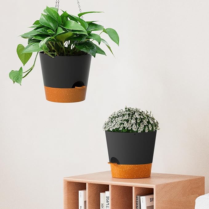 Hanging Planters for Indoor Outdoor Plants, 2 Pack Self Watering Hanging Pot with Drainage Holes and Plant Hangers, Hanging Baskets Flower Pots for Home Garden Decor (Black, 10 inch)