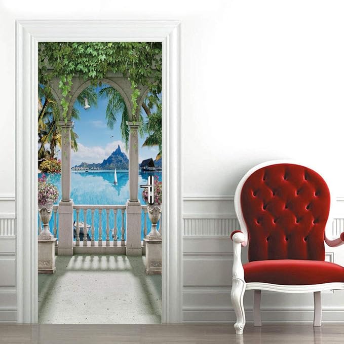 3D Door Stickers Murals - Landscape - Peel and Stick - Waterproof & Washable - Matt Finish - Modern Style - White - 33.9" x 78.7" - 2 Pieces