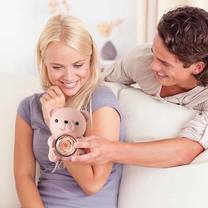 Cute Teddy Bear with Preserved Rose - A Real Rose Flower in Bear with Elegant Gift Box - Romantic Gift for Her in Mother's Day, Weddings, Anniversaries, and Bridal Showers (Champagne)