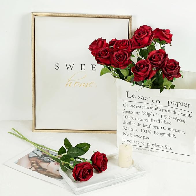 Hawesome 12PCS Artificial Silk Flowers Realistic Roses Bouquet Long Stem for Home Wedding Decoration Party (Wine Red 1)