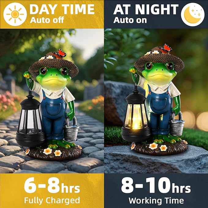 Solar Garden Decor - Frog Statues with Lantern 9" Resin Solar Frogs for Outdoors Patio Yard Porch Lawn Balcony Decor Ideas Animal Lover Gardening Gifts for Women Mom Wife