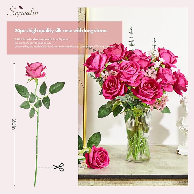 Serwalin 20pcs Artificial Roses, 4'' Big Flower Head, Hot Pink Roses Velvet Real Touch, Silk Fake Roses Long Stem Realistic Bouquet for Wedding Table Centerpiece and Home Decor
