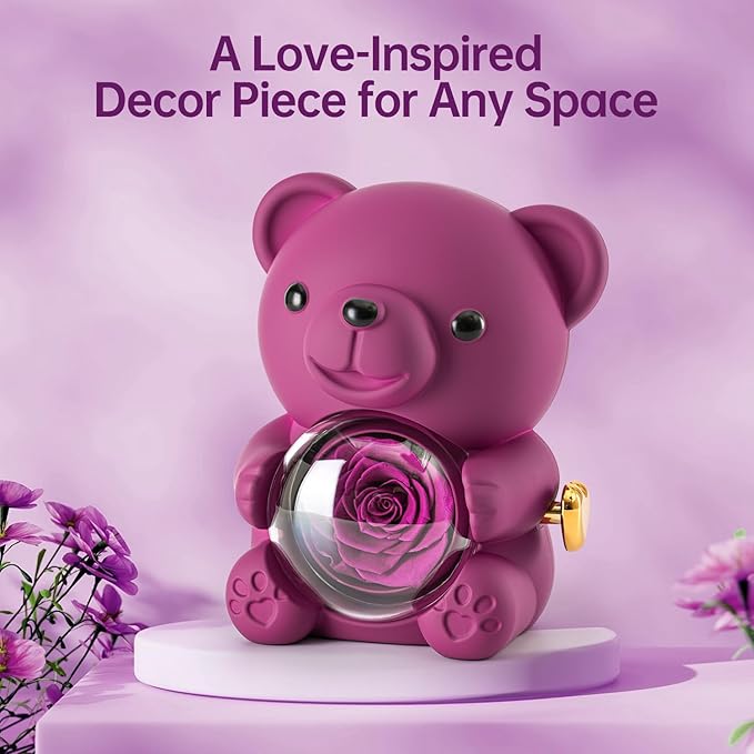 Cute Teddy Bear with Preserved Rose - A Real Rose Flower in Bear with Elegant Gift Box - Romantic Gift for Her in Mother's Day, Weddings, Anniversaries, and Bridal Showers (Purple)