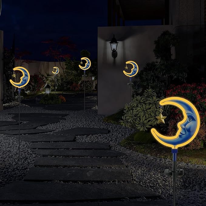 Solar Outdoor Garden Lights - Outdoor Decor Moon Neon Lantern for Patio,Solar Powered Pathway Lights Outdoor Decorative Lights Waterproof Led Landscape Lighting for Pathway,Yard,Lawn(2 Pack)