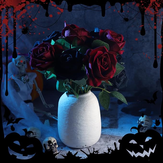 36 Pcs Silk Black Red Rose Bouquet Bridal Artificial Flowers,Fake Rose Long Stem Realistic Artificial Flowers Bulk for Wedding Bouquet Ball Arrangement Centerpiece Party Decor