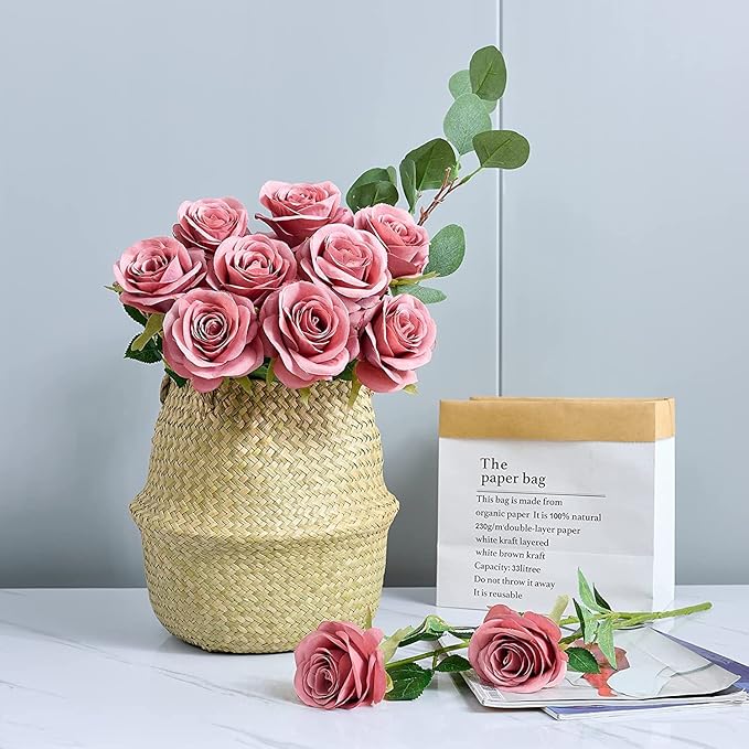 12pcs Roses Artificial Flowers Fake Roses Dusty Rose Pink Silk Roses Silk Flowers Rose with Long Stems for Wedding Home Party Centerpieces Decorations
