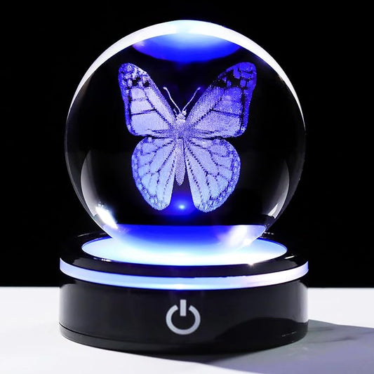 YWHL 3D Crystal Ball Butterfly Figurine with Colorful LED Base, Laser Butterfly Gifts for Women Men on Christmas Birthday, Ornament Glass Sphere Decorative Ball for Home Decor (80mm)