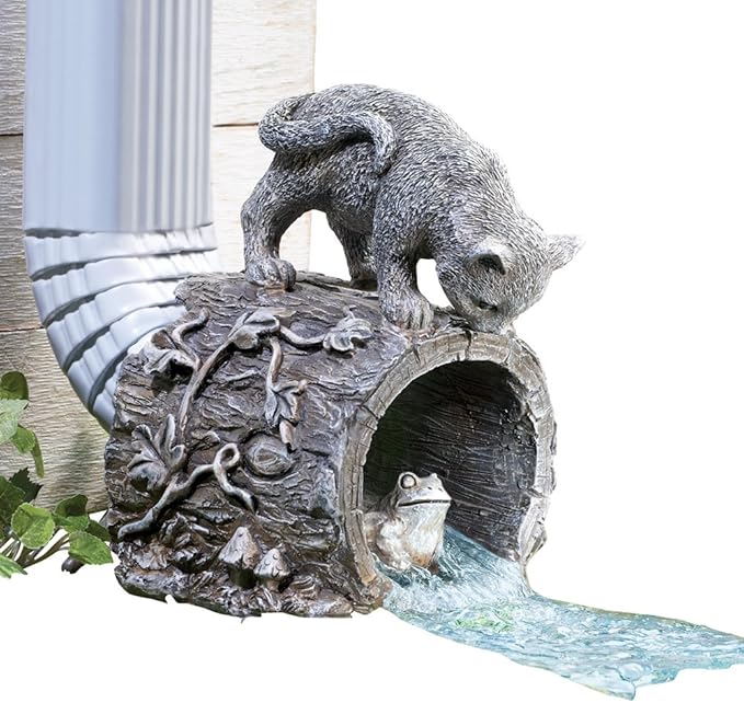 Collections Etc Curious Kitty Cat and Frog Gutter Downspout, Hand-Painted, Hollow Tree Stump Design, Grey