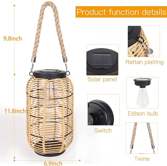 Solar Lantern Outdoor Hanging Lights, Large Solar Rattan Lantern Outdoor Waterproof with Twine Handle, Bright Outdoor Lanterns with Edison Bulb for Garden Patio Yard Tabletop Decoration