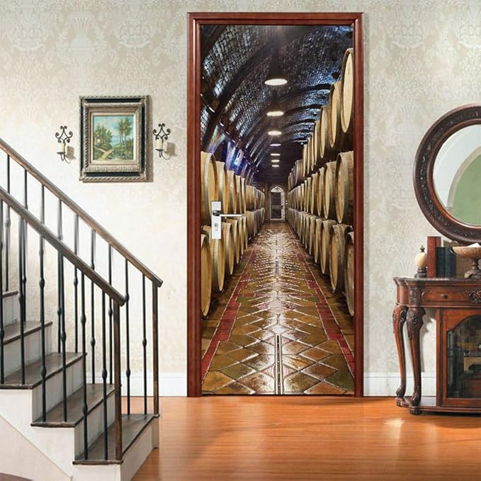 3D Door Stickers Murals Peel and Stick - Wine Cellar Wallpaper Self-Adhesive Decals - Removable PVC Waterproof Poster for Bedroom Living Room 37.4" x 82.7"