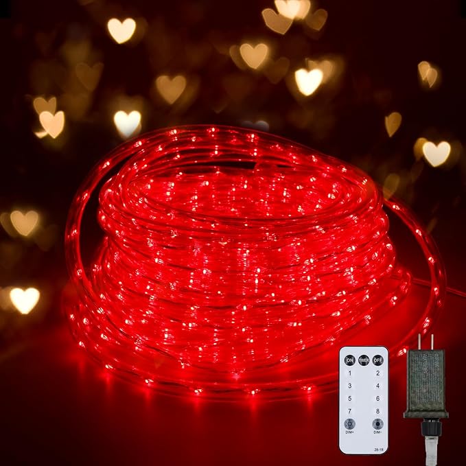Red Rope Lights Outdoor, 50Ft 600 LED Valentine's Day String Light, Waterproof Tube Light Plug in 8 Modes Timer Memory, Halloween, Christmas Lights Outdoor Decorations for Tree Garden Party