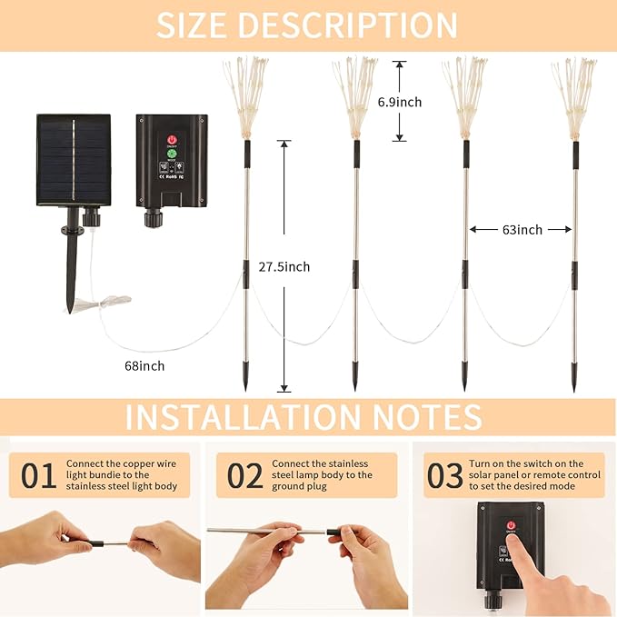 Solar Garden Lights Outdoor 4 Pack 480 LED Firework Landscape Path Lights Solar Powered Starburst Lights Waterproof 8 Lighting Modes with Remote Control for Patio Christmas Party Yard Decorative