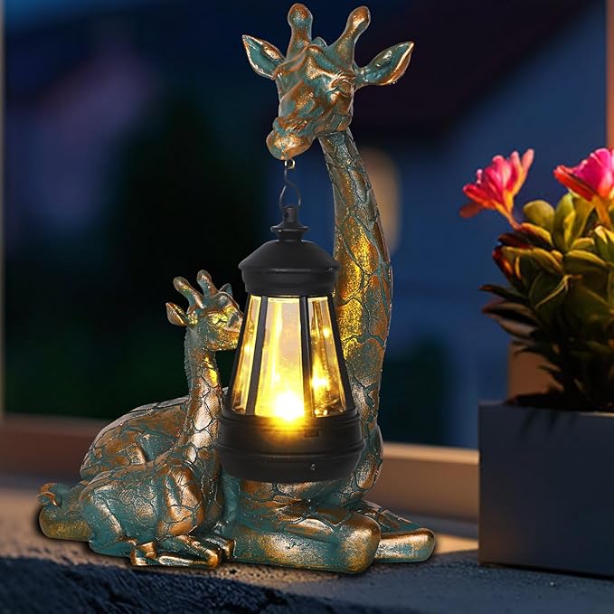 Solar Garden Decor - Mother Baby Giraffe Statue with Solar Lantern 9.7" Resin Giraffe Figurine Outdoor Patio Yard Porch Decor Gifts for Mom Grandma Women Gardeners