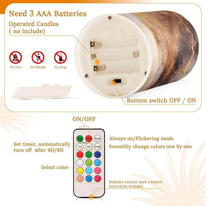 Flickering Flameless Candles, Brown White Marble LED Candles with Remote Timer, Set of 2 Battery Operated Candle for Valentine Wedding Birthday