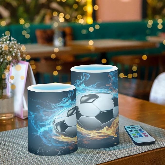 Flickering Flameless Candles, Soccer Ball LED Candles with Remote Timer, Set of 2 Battery Operated Candle for Valentine Wedding Birthday