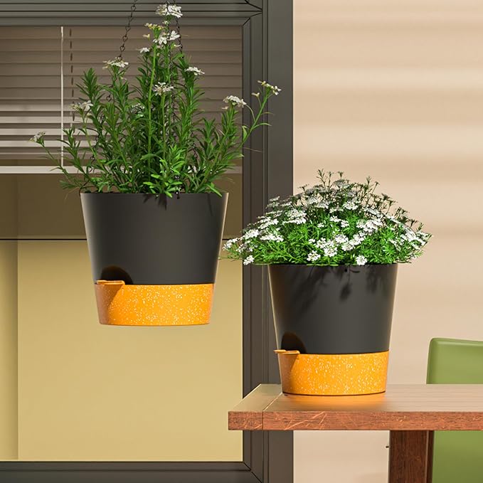 Hanging Planters for Indoor Outdoor Plants, 2 Pack Self Watering Hanging Pot with Drainage Holes and Plant Hangers, Hanging Baskets Flower Pots for Home Garden Decor (Black, 10 inch)